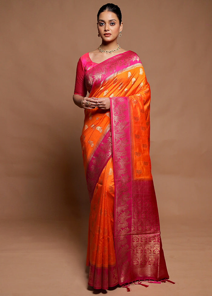 Orange Dupion Silk Saree With Blouse Piece