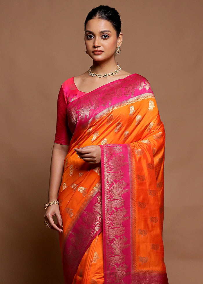 Orange Dupion Silk Saree With Blouse Piece