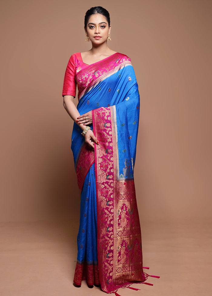 Blue Dupion Silk Saree With Blouse Piece