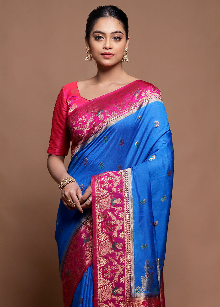 Blue Dupion Silk Saree With Blouse Piece