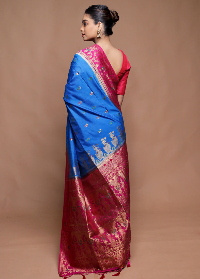 Blue Dupion Silk Saree With Blouse Piece
