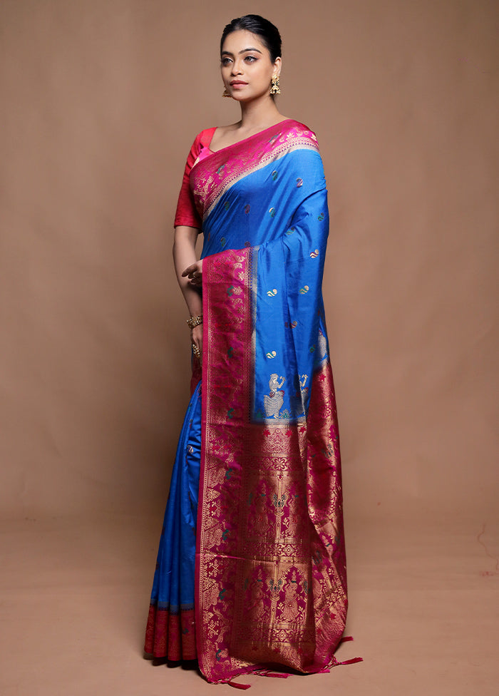Blue Dupion Silk Saree With Blouse Piece