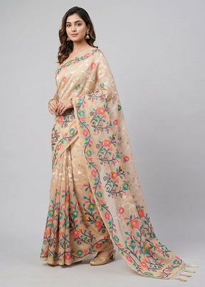 Cream Dupion Silk Saree With Blouse Piece