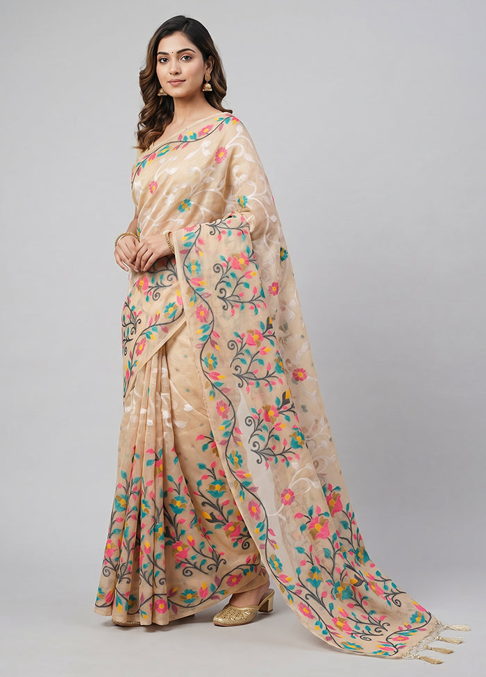 Cream Dupion Silk Saree With Blouse Piece