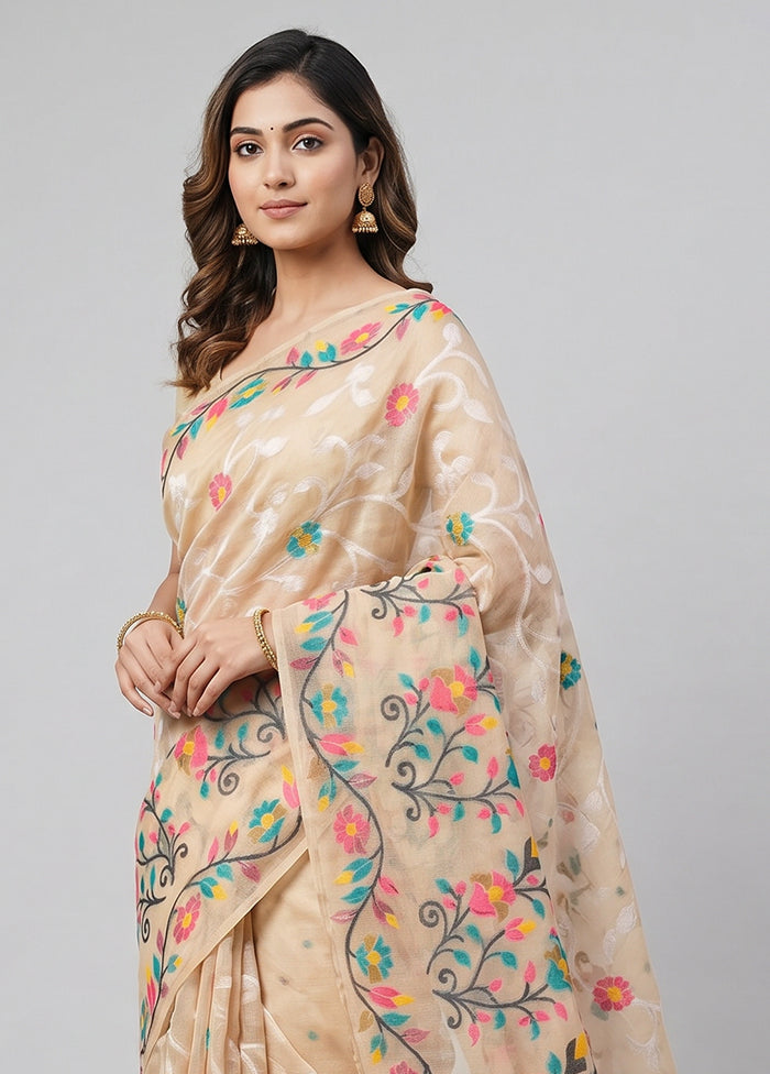 Cream Dupion Silk Saree With Blouse Piece