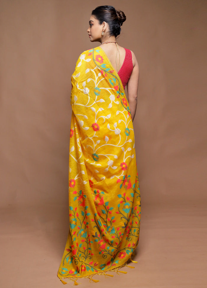 Yellow Dupion Silk Saree With Blouse Piece