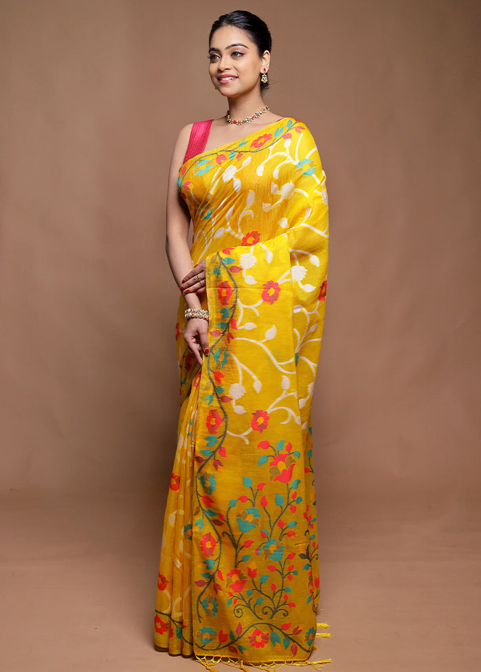 Yellow Dupion Silk Saree With Blouse Piece