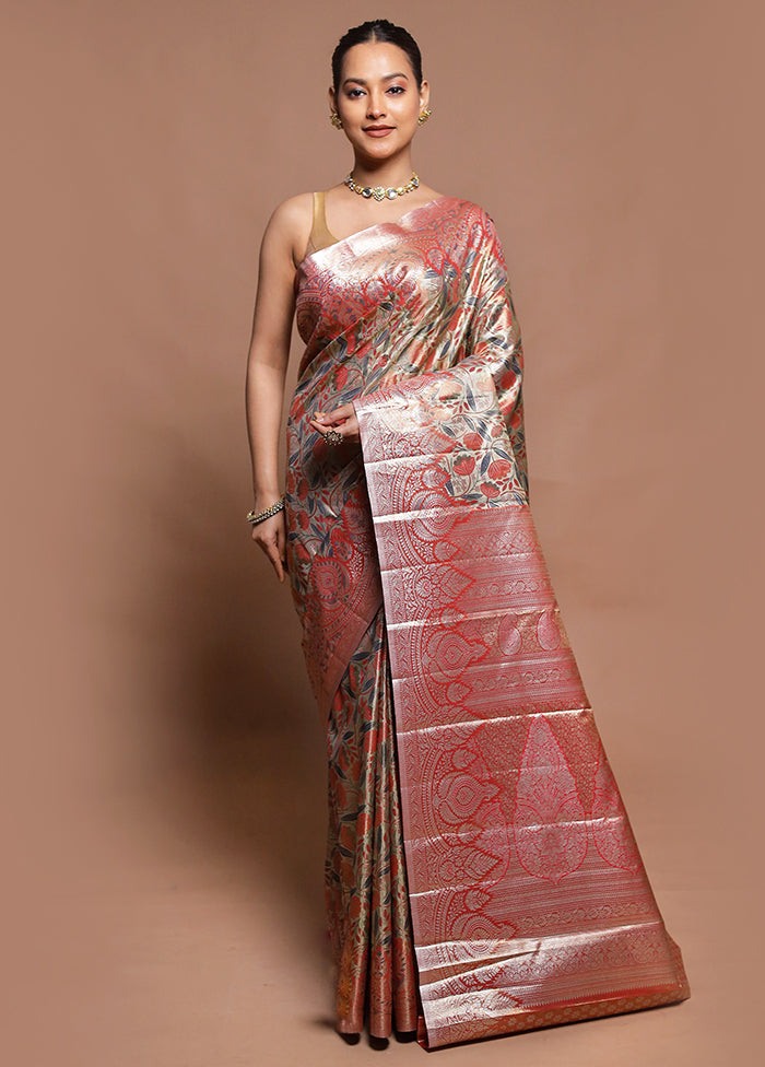 Peach Kanjivaram Silk Saree With Blouse Piece