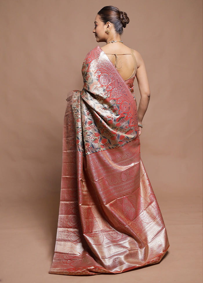 Peach Kanjivaram Silk Saree With Blouse Piece