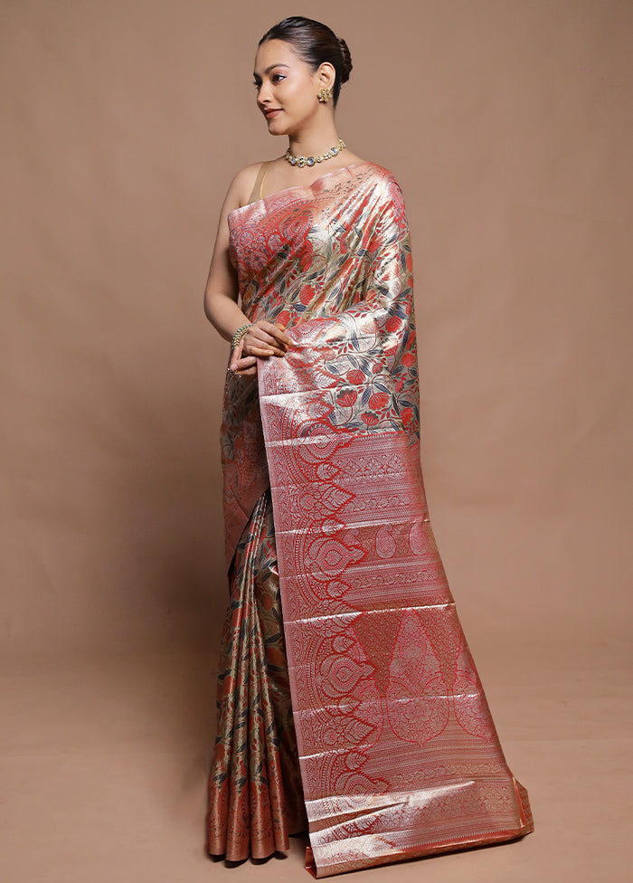 Peach Kanjivaram Silk Saree With Blouse Piece