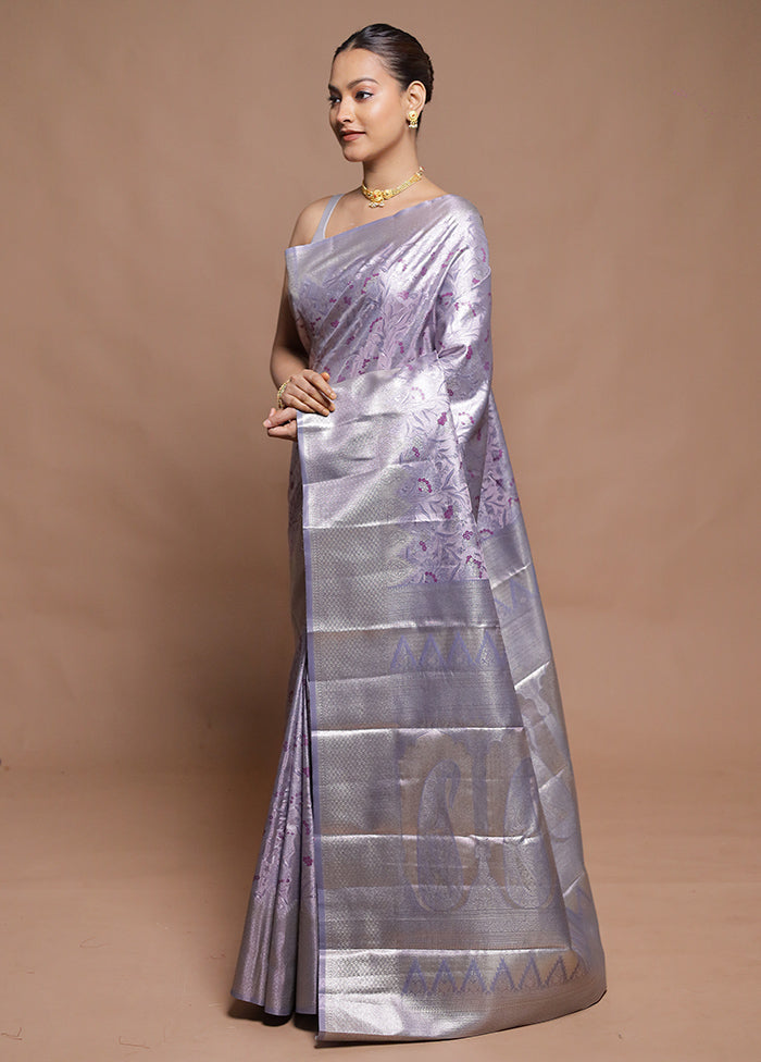 Silver Kanjivaram Silk Saree With Blouse Piece