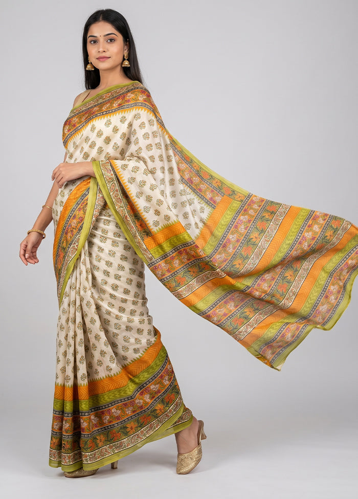 Cream Printed Silk Saree Without Blouse Piece
