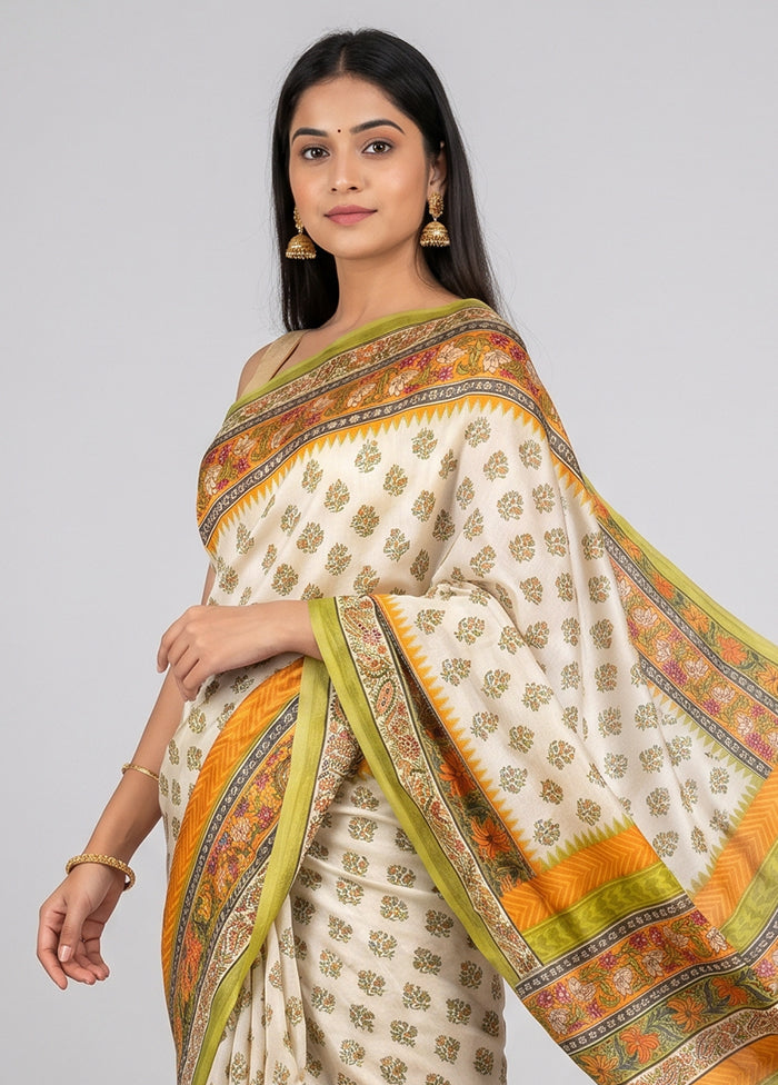 Cream Printed Silk Saree Without Blouse Piece