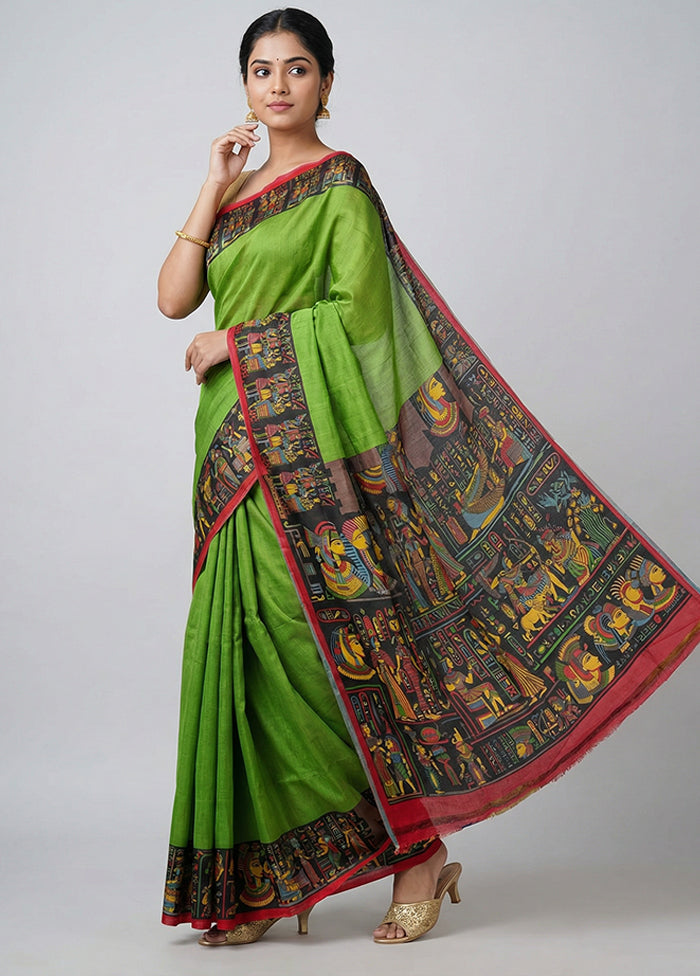 Green Printed Silk Saree Without Blouse Piece