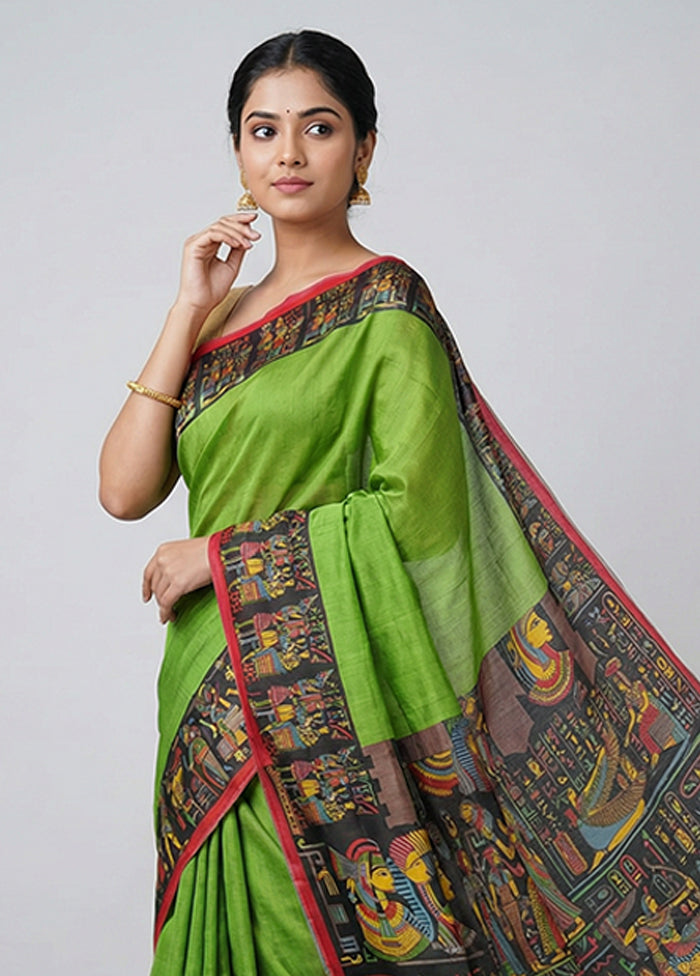 Green Printed Silk Saree Without Blouse Piece