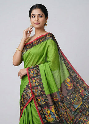 Green Printed Silk Saree Without Blouse Piece