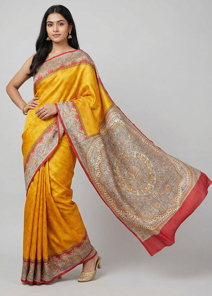 Yellow Printed Silk Saree Without Blouse Piece