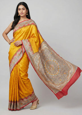 Yellow Printed Silk Saree Without Blouse Piece