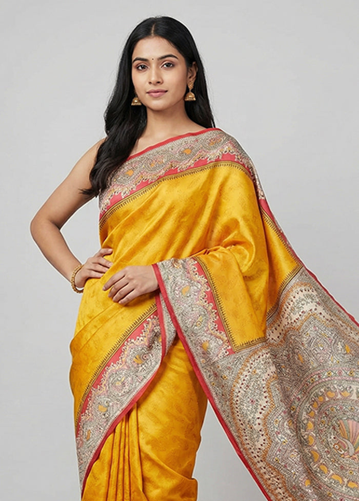 Yellow Printed Silk Saree Without Blouse Piece