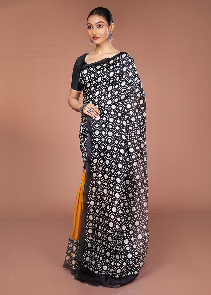 Black Printed Pure Silk Saree Without Blouse Piece
