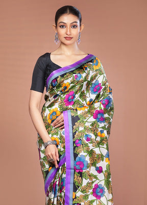 White Printed Pure Silk Saree Without Blouse Piece