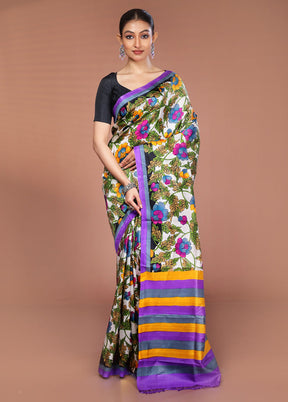 White Printed Pure Silk Saree Without Blouse Piece