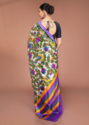 White Printed Pure Silk Saree Without Blouse Piece