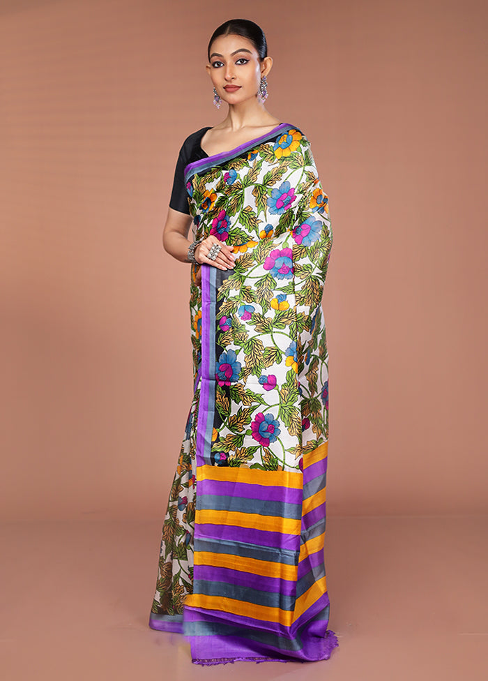 White Printed Pure Silk Saree Without Blouse Piece