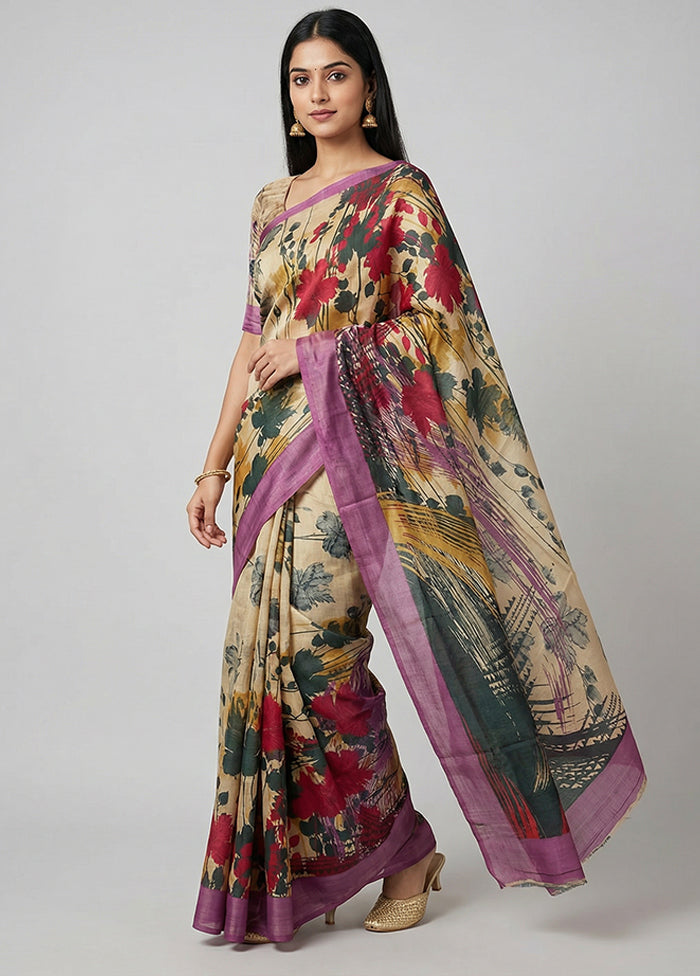 Blue Printed Silk Saree Without Blouse Piece