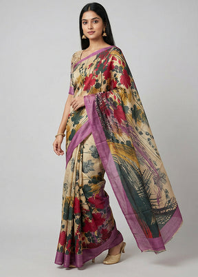 Blue Printed Silk Saree Without Blouse Piece