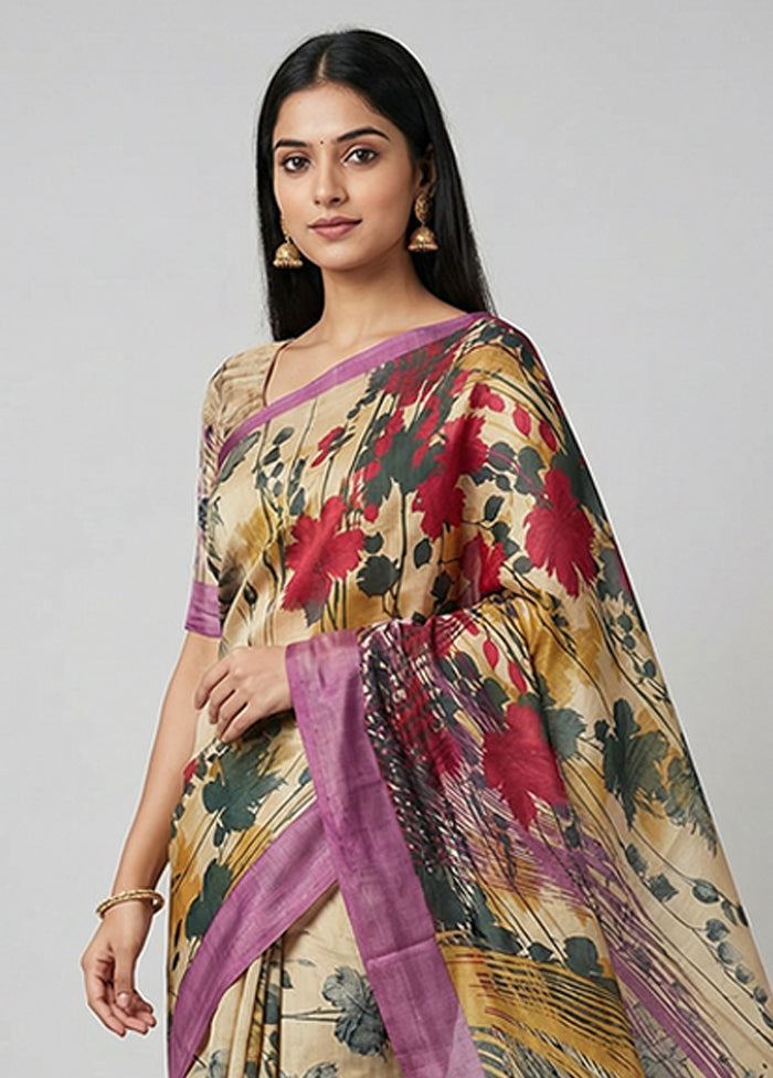 Blue Printed Silk Saree Without Blouse Piece