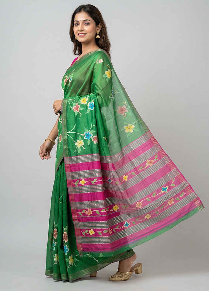 Green Printed Pure Silk Saree Without Blouse Piece