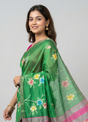 Green Printed Pure Silk Saree Without Blouse Piece