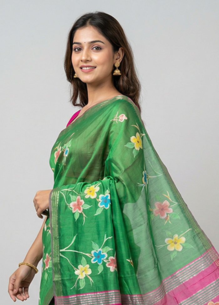 Green Printed Pure Silk Saree Without Blouse Piece
