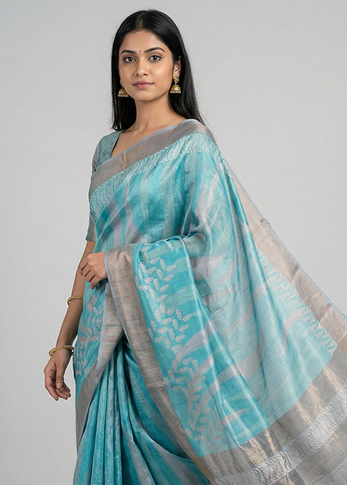 Blue Tussar Silk Saree With Blouse Piece