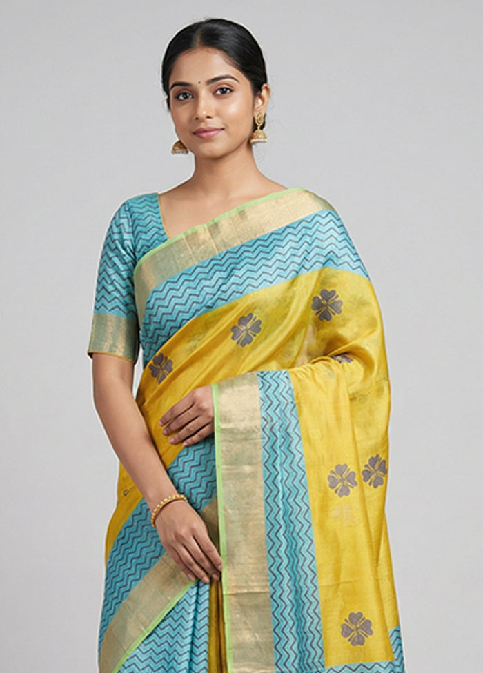 Yellow Tussar Silk Saree With Blouse Piece