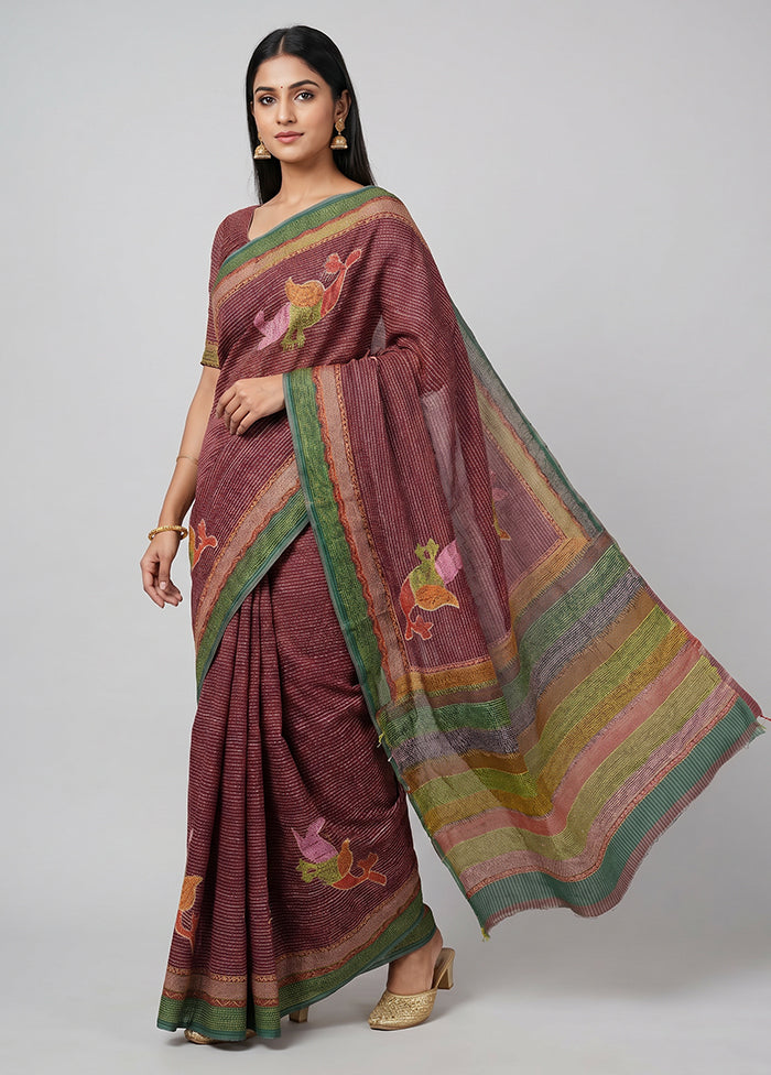 Purple Handloom Tussar Pure Silk Saree With Blouse Piece