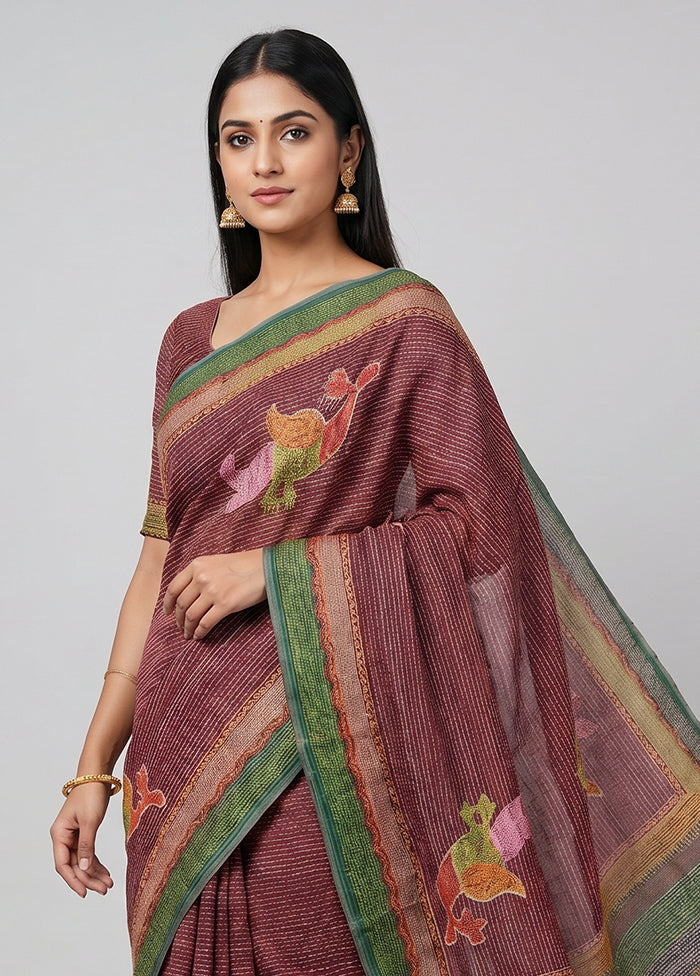 Purple Handloom Tussar Pure Silk Saree With Blouse Piece