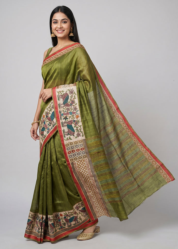 Cream Handloom Tussar Pure Silk Saree With Blouse Piece