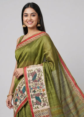 Cream Handloom Tussar Pure Silk Saree With Blouse Piece