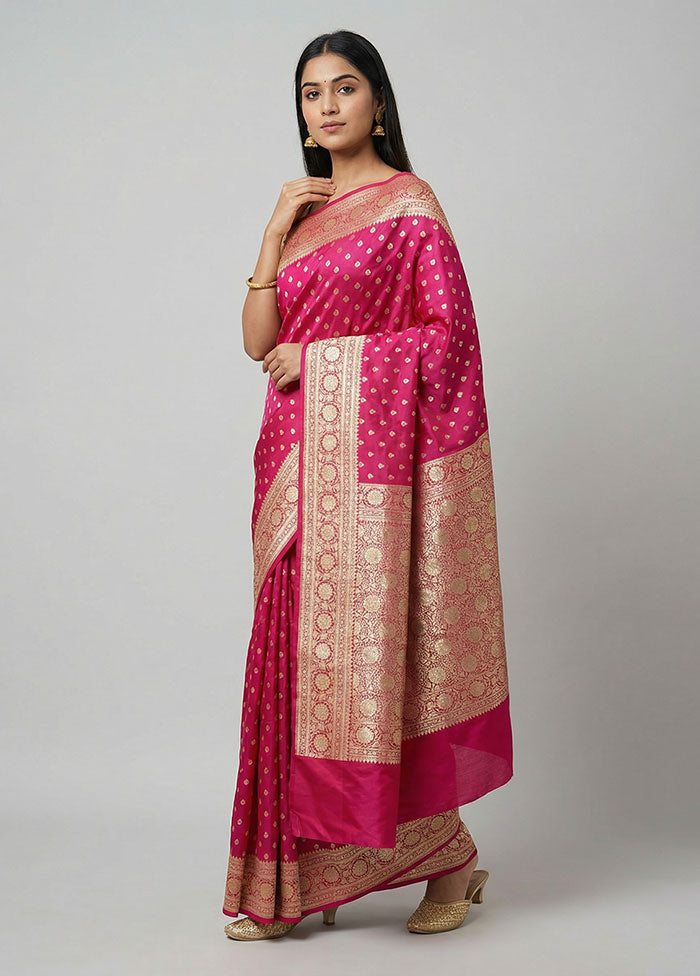 Pink Handloom Banarasi Pure Silk Saree With Blouse Piece