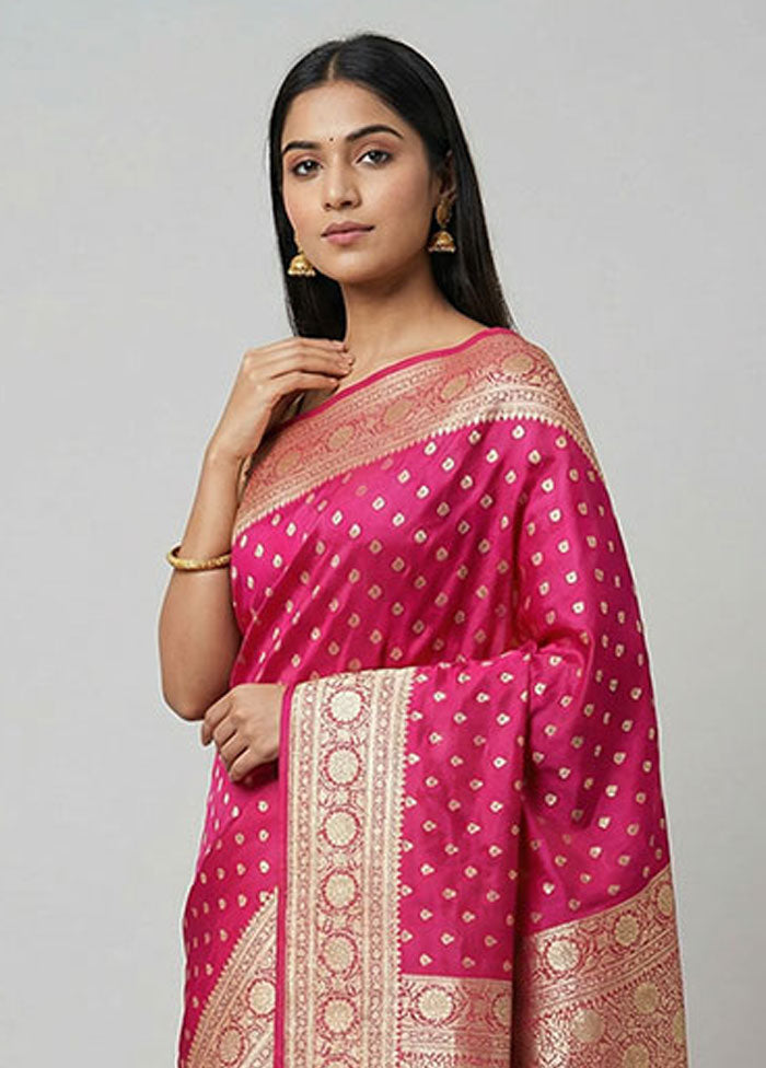 Pink Handloom Banarasi Pure Silk Saree With Blouse Piece