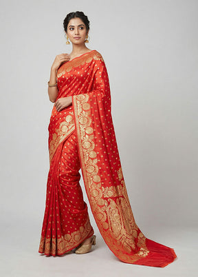 Orange Handloom Banarasi Pure Silk Saree With Blouse Piece