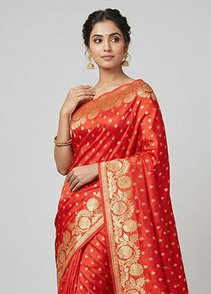 Orange Handloom Banarasi Pure Silk Saree With Blouse Piece