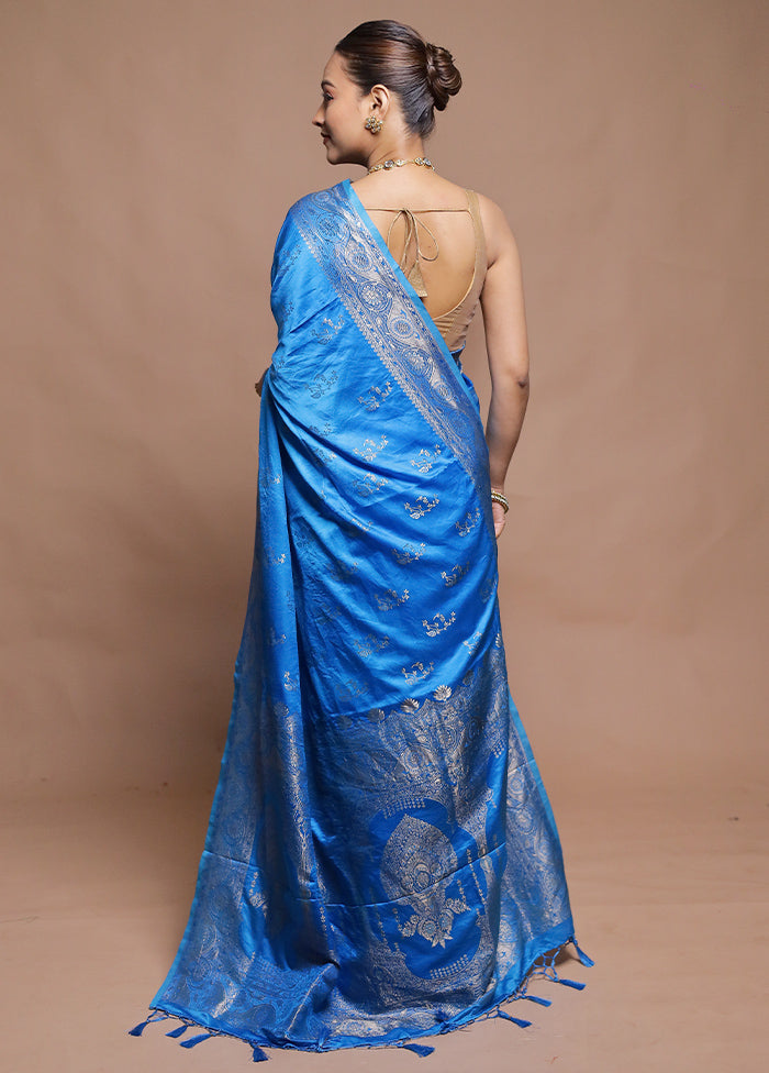 Blue Dupion Silk Saree With Blouse Piece