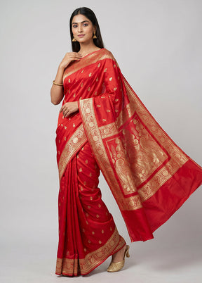 Red Banarasi Silk Saree With Blouse Piece