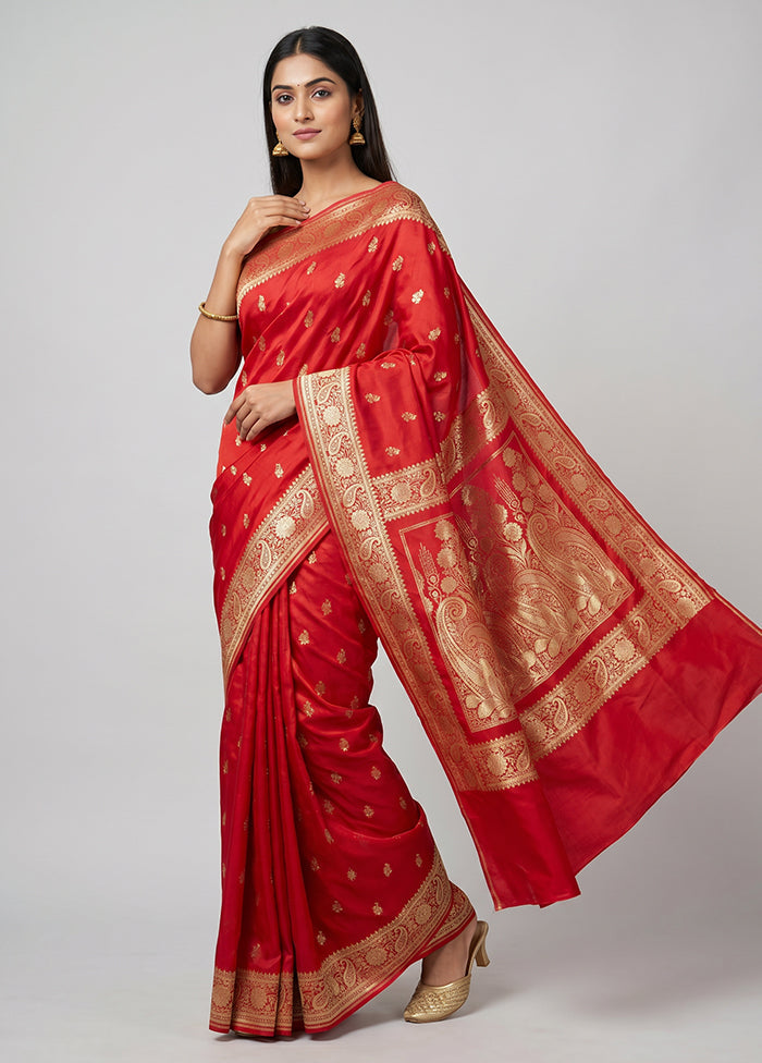 Red Banarasi Silk Saree With Blouse Piece