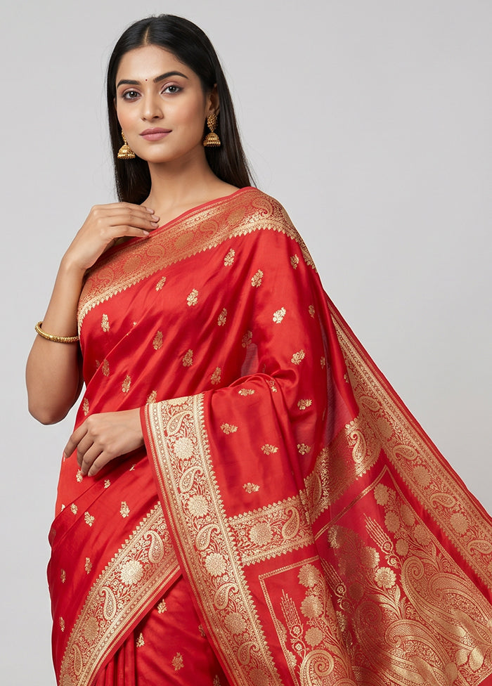 Red Banarasi Silk Saree With Blouse Piece