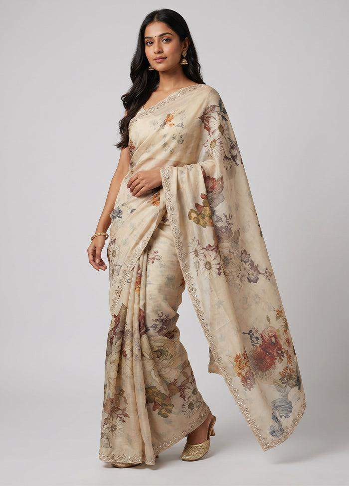 Cream Handloom Tussar Pure Silk Saree With Blouse Piece
