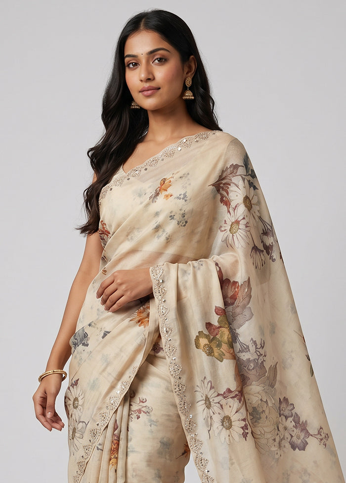Cream Handloom Tussar Pure Silk Saree With Blouse Piece